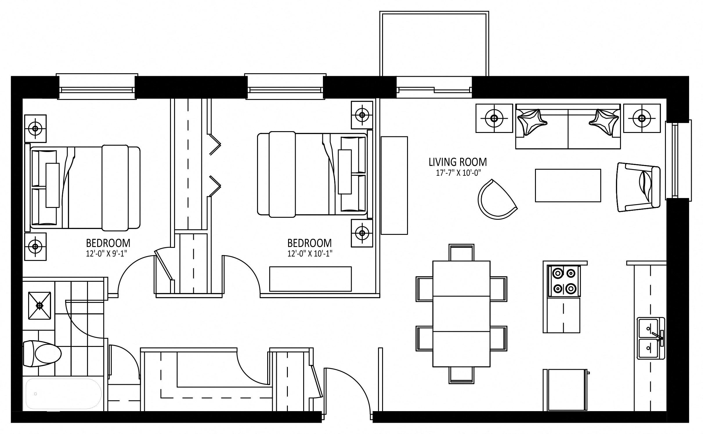 Floor plan for 2 beds, 1 bath, 846 sqft